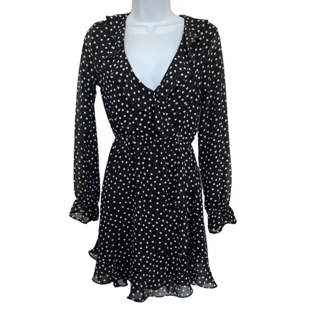 🔥4/$25 Divided H&M Polka Dot Ruffle V- Neck Long Sleeve Dress Black & White, Si